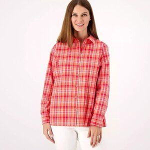 Joan Rivers Women's Madras Top Roll Tab Plaid Small S Red Button Up A514226 NEW